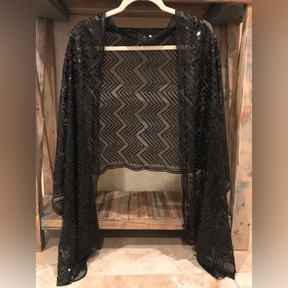 Cejon Sheer Black Lace With Sequin Detail Party Shawl/Wrap Scarf - Picture 2 of 13